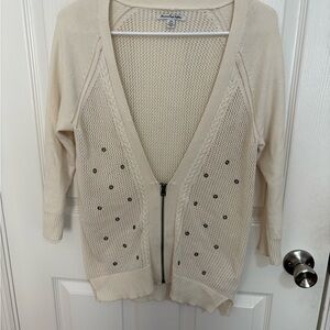 American Eagle Cream Zip-Front Studded Pointelle Knit Cardigan